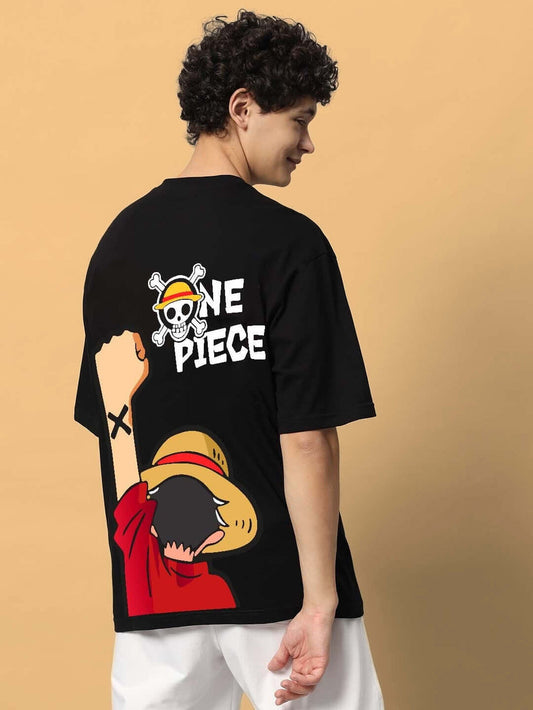 Genz-Classic Men's Black Oversized One Piece Anime Back Graphic Printed Cotton T-Shirt