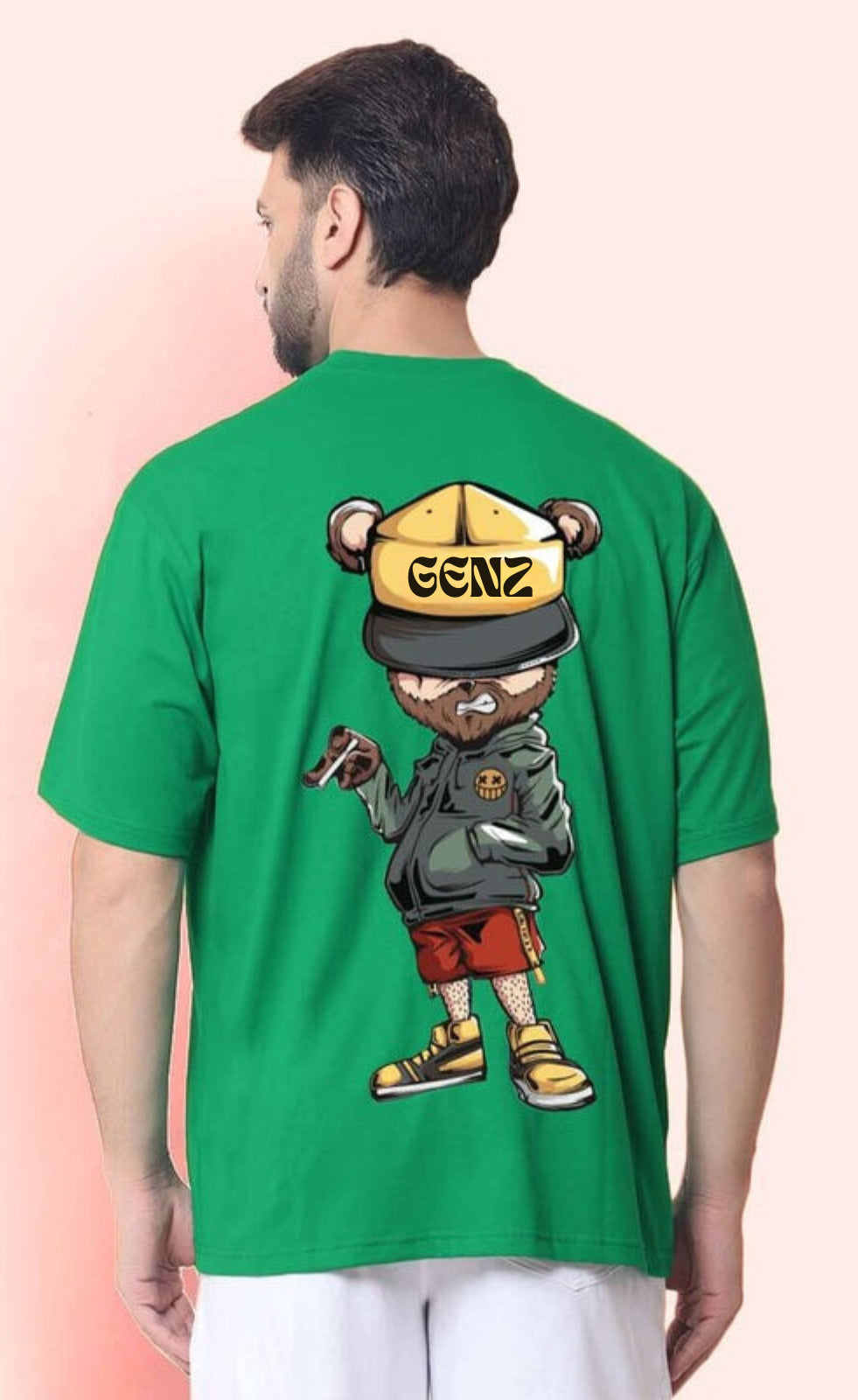 Genz-Classic Men's Green Oversized Back Graphic Printed Cotton T-Shirt – Street Bear Edition