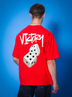 Genz-Classic Men's Red Oversized Victory Dice Graphic Print Cotton T-Shirt