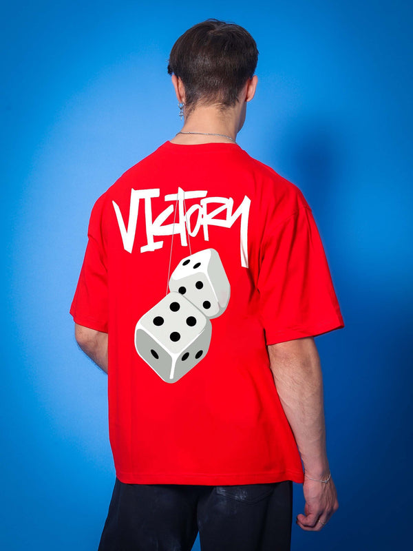 Genz-Classic Men's Red Oversized Victory Dice Graphic Print Cotton T-Shirt