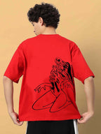 Genz-Classic Men's Red Oversized Skeleton Graphic Print Cotton T-Shirt