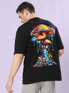 Genz-Classic Men's Black Oversized Mushroom Graphic Print Cotton T-Shirt