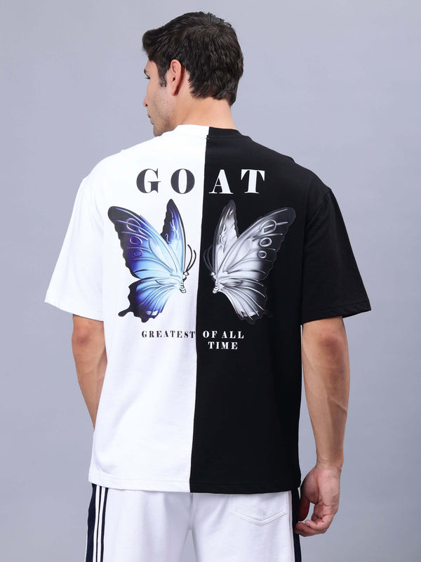 Genz-Classic Men's Black & White Oversized Butterfly Graphic Printed Cotton T-Shirt