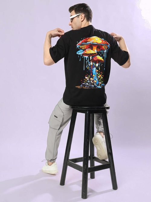 Genz-Classic Men's Black Oversized Mushroom Graphic Print Cotton T-Shirt