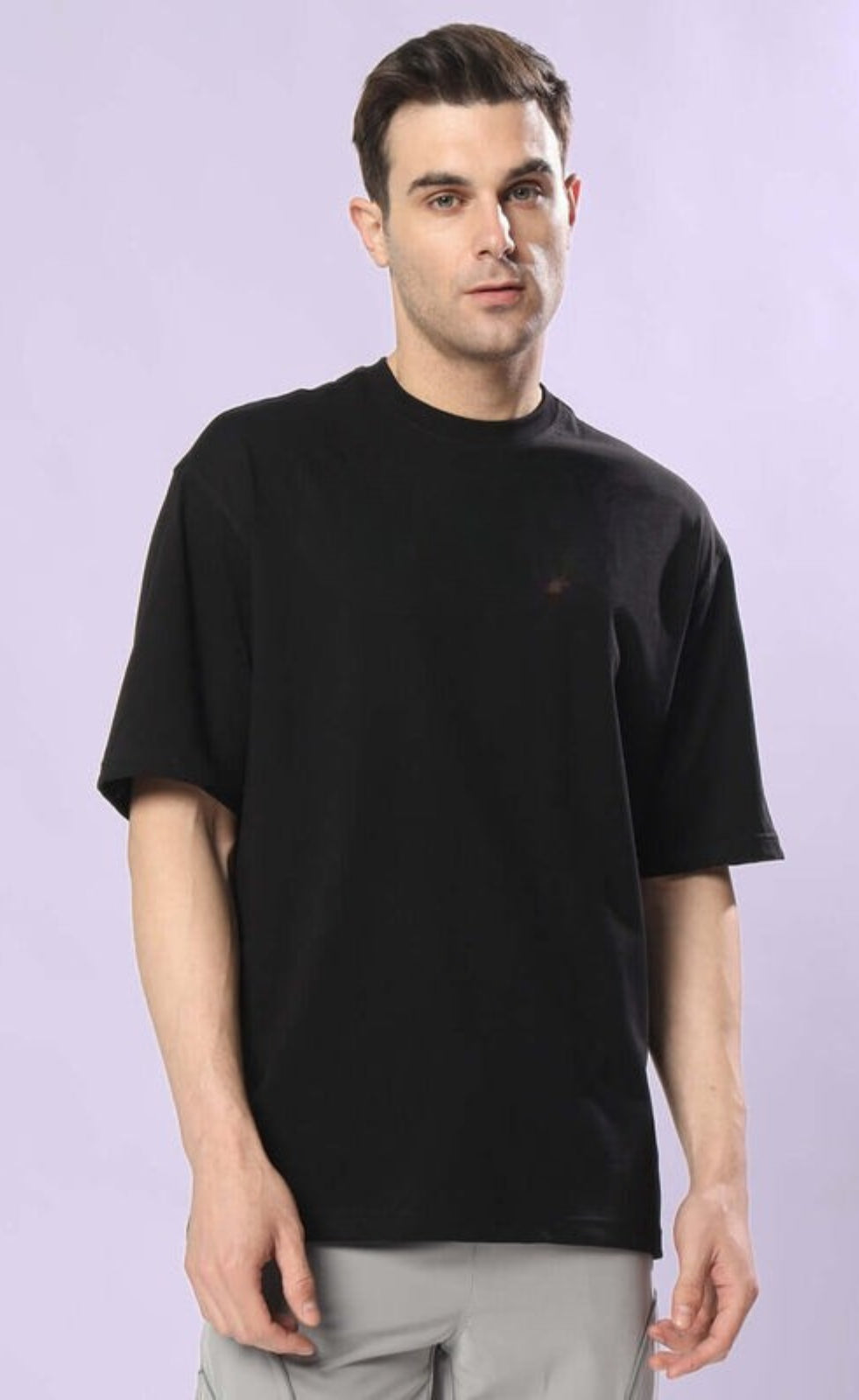 Genz-Classic Men's Black Oversized Mushroom Graphic Print Cotton T-Shirt