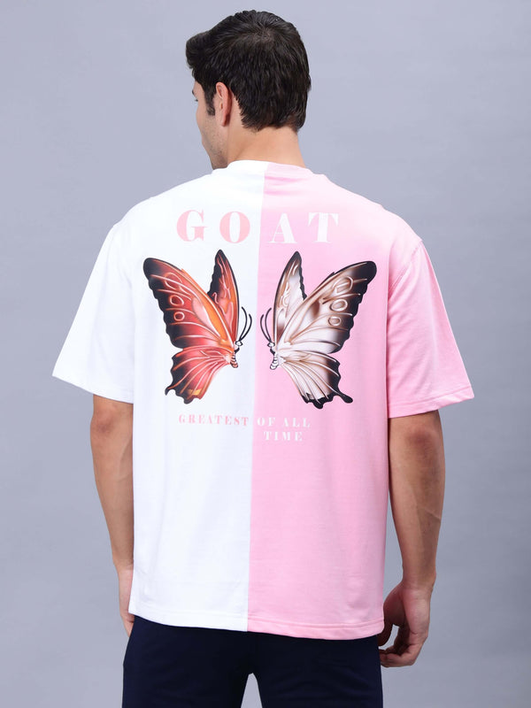 Genz-Classic Men's White & Pink Oversized Butterfly Graphic Print Cotton T-Shirt