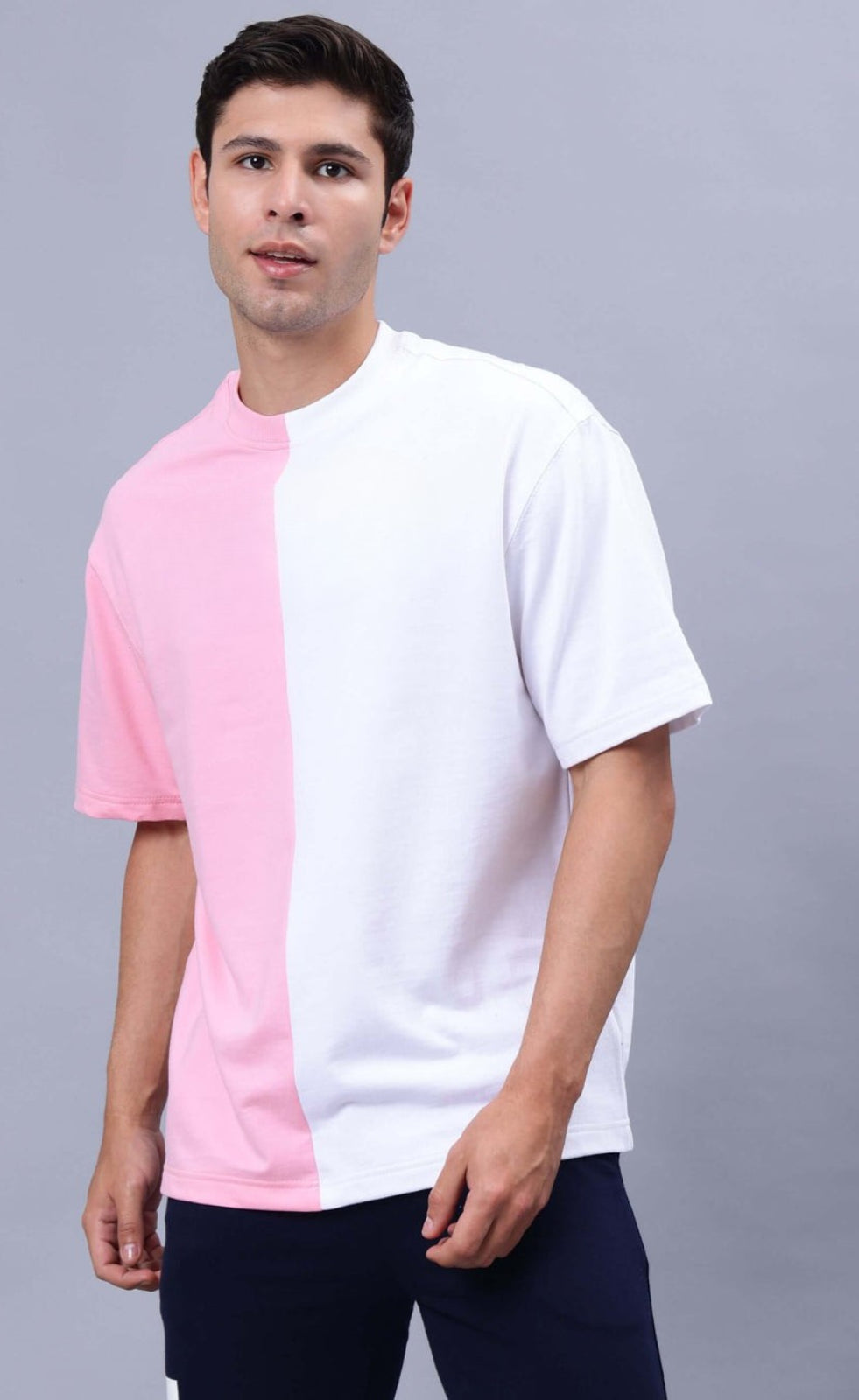 Genz-Classic Men's White & Pink Oversized Butterfly Graphic Print Cotton T-Shirt