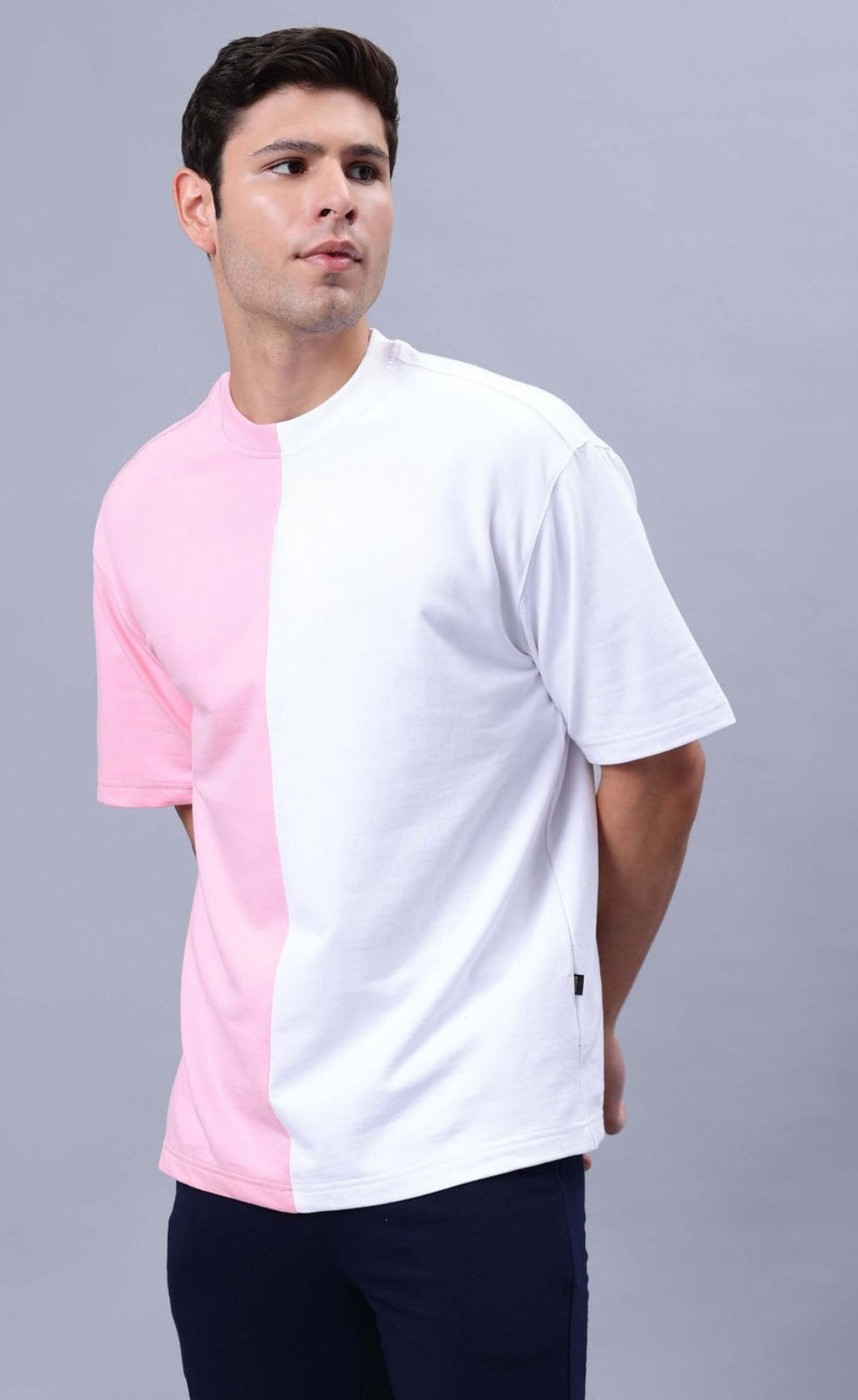 Genz-Classic Men's White & Pink Oversized Butterfly Graphic Print Cotton T-Shirt