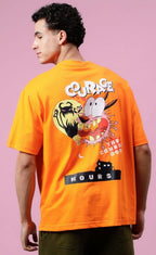 Genz-Classic Men's Orange Oversized Courage Cartoon Graphic Print Cotton T-Shirt
