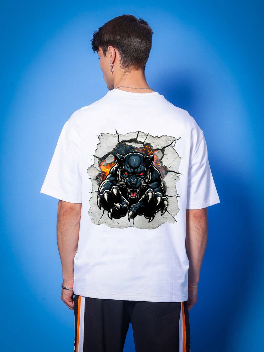 Genz-Classic Men's White Oversized Black Panther Graphic Print Cotton T-Shirt