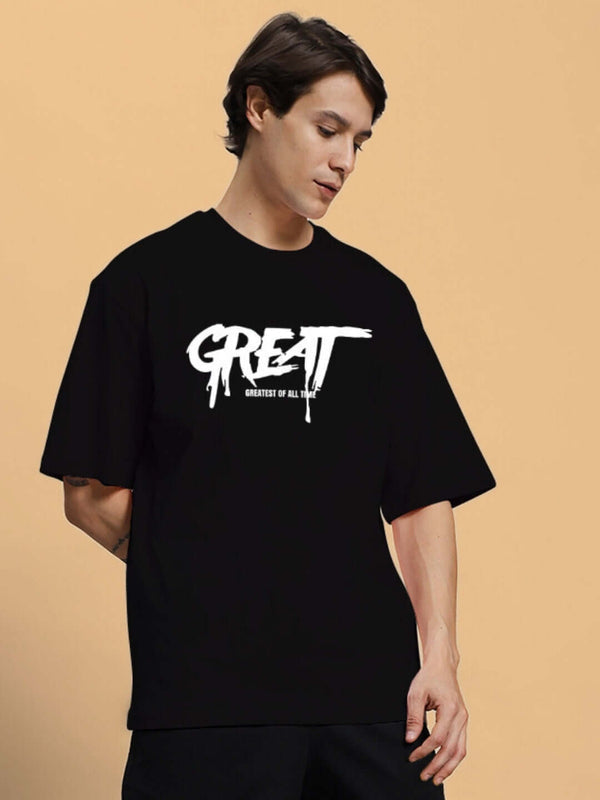 Genz-Classic Men's Black "GREAT" Typography Oversized Cotton T-Shirt