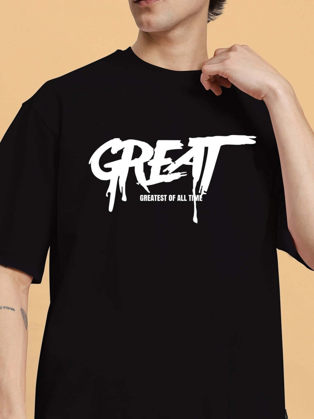 Genz-Classic Men's Black "GREAT" Typography Oversized Cotton T-Shirt