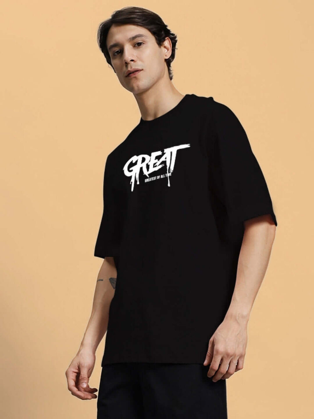 Genz-Classic Men's Black "GREAT" Typography Oversized Cotton T-Shirt
