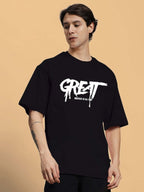 Genz-Classic Men's Black "GREAT" Typography Oversized Cotton T-Shirt
