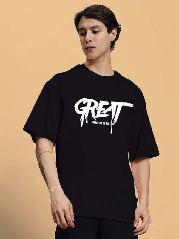 Genz-Classic Men's Black "GREAT" Typography Oversized Cotton T-Shirt