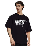 Genz-Classic Men's Black "GREAT" Typography Oversized Cotton T-Shirt