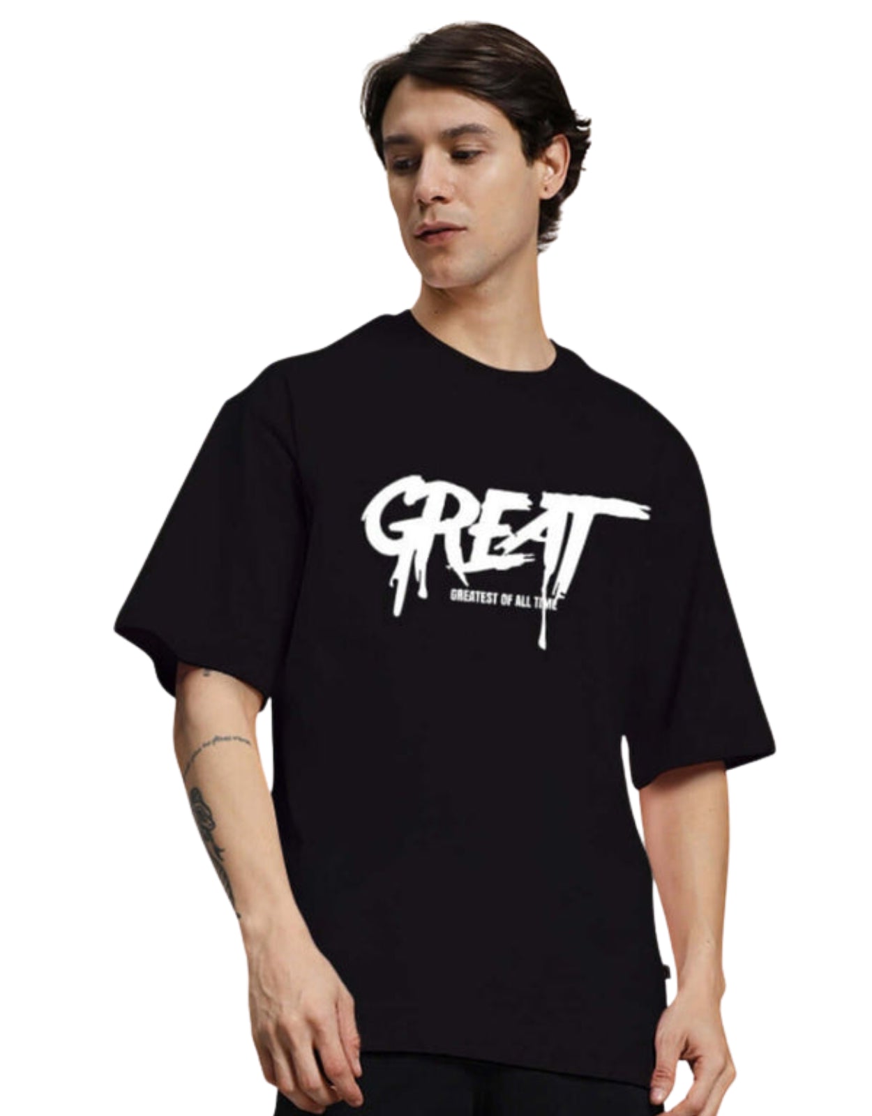 Genz-Classic Men's Black "GREAT" Typography Oversized Cotton T-Shirt