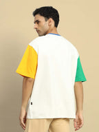 Genz-Classic Men's Off White Oversized Colour Block Sleeve Cotton T-Shirt
