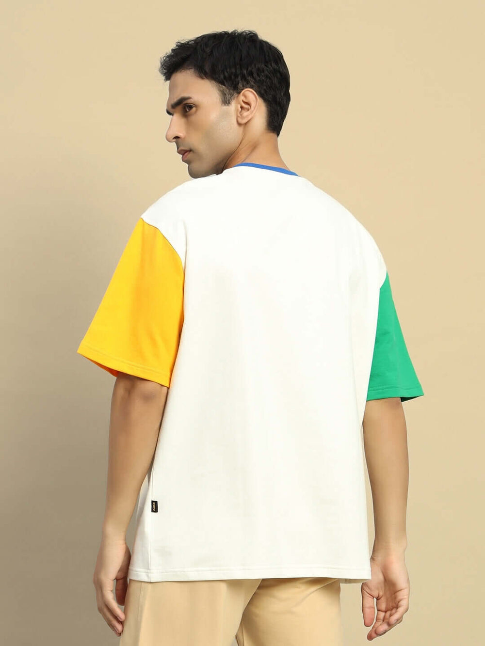 Genz-Classic Men's Off White Oversized Colour Block Sleeve Cotton T-Shirt