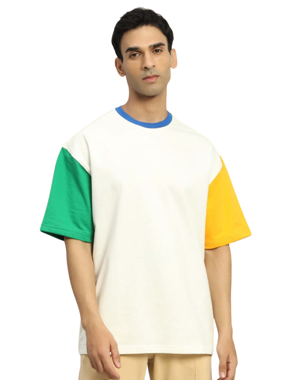Genz-Classic Men's Off White Oversized Colour Block Sleeve Cotton T-Shirt