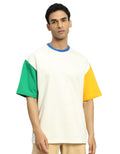 Genz-Classic Men's Off White Oversized Colour Block Sleeve Cotton T-Shirt