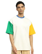 Genz-Classic Men's Off White Oversized Colour Block Sleeve Cotton T-Shirt