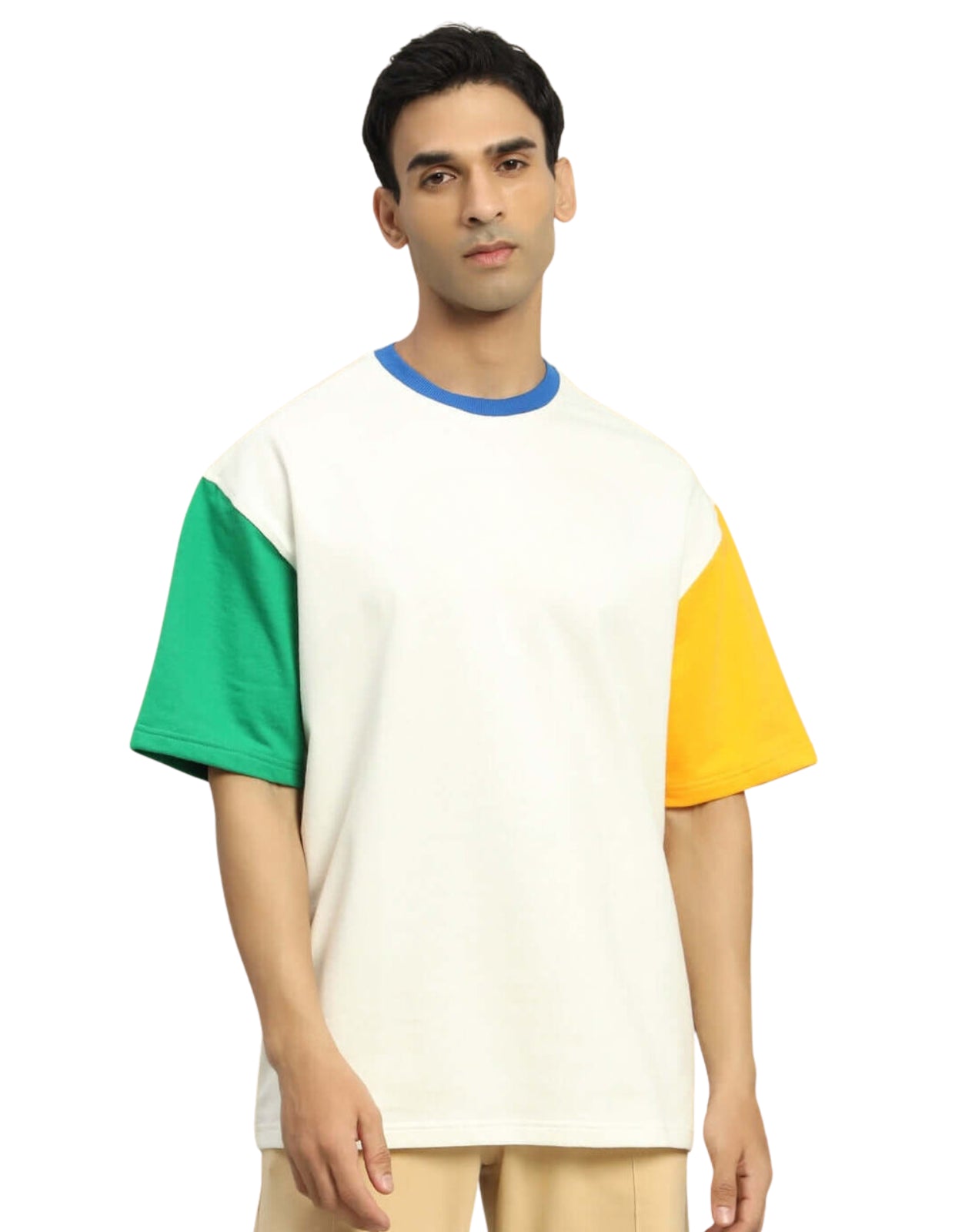 Genz-Classic Men's Off White Oversized Colour Block Sleeve Cotton T-Shirt