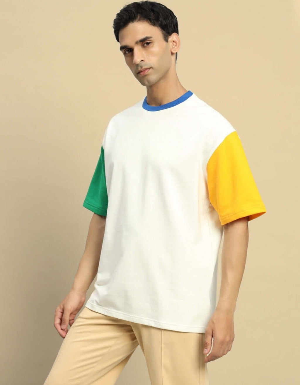 Genz-Classic Men's Off White Oversized Colour Block Sleeve Cotton T-Shirt