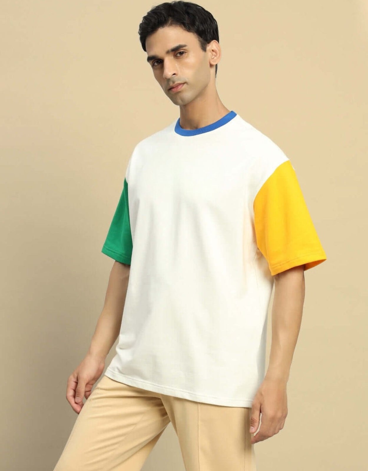 Genz-Classic Men's Off White Oversized Colour Block Sleeve Cotton T-Shirt