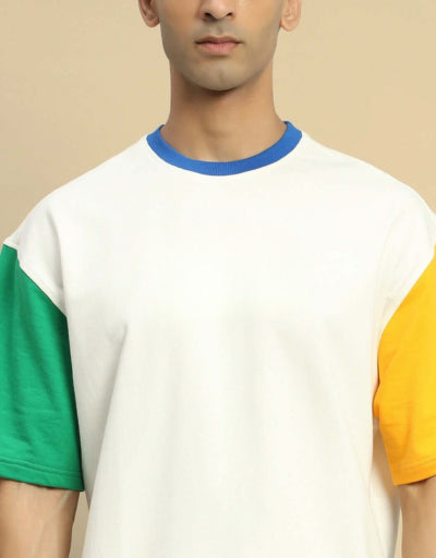 Genz-Classic Men's Off White Oversized Colour Block Sleeve Cotton T-Shirt
