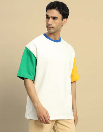 Genz-Classic Men's Off White Oversized Colour Block Sleeve Cotton T-Shirt