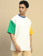 Genz-Classic Men's Off White Oversized Colour Block Sleeve Cotton T-Shirt