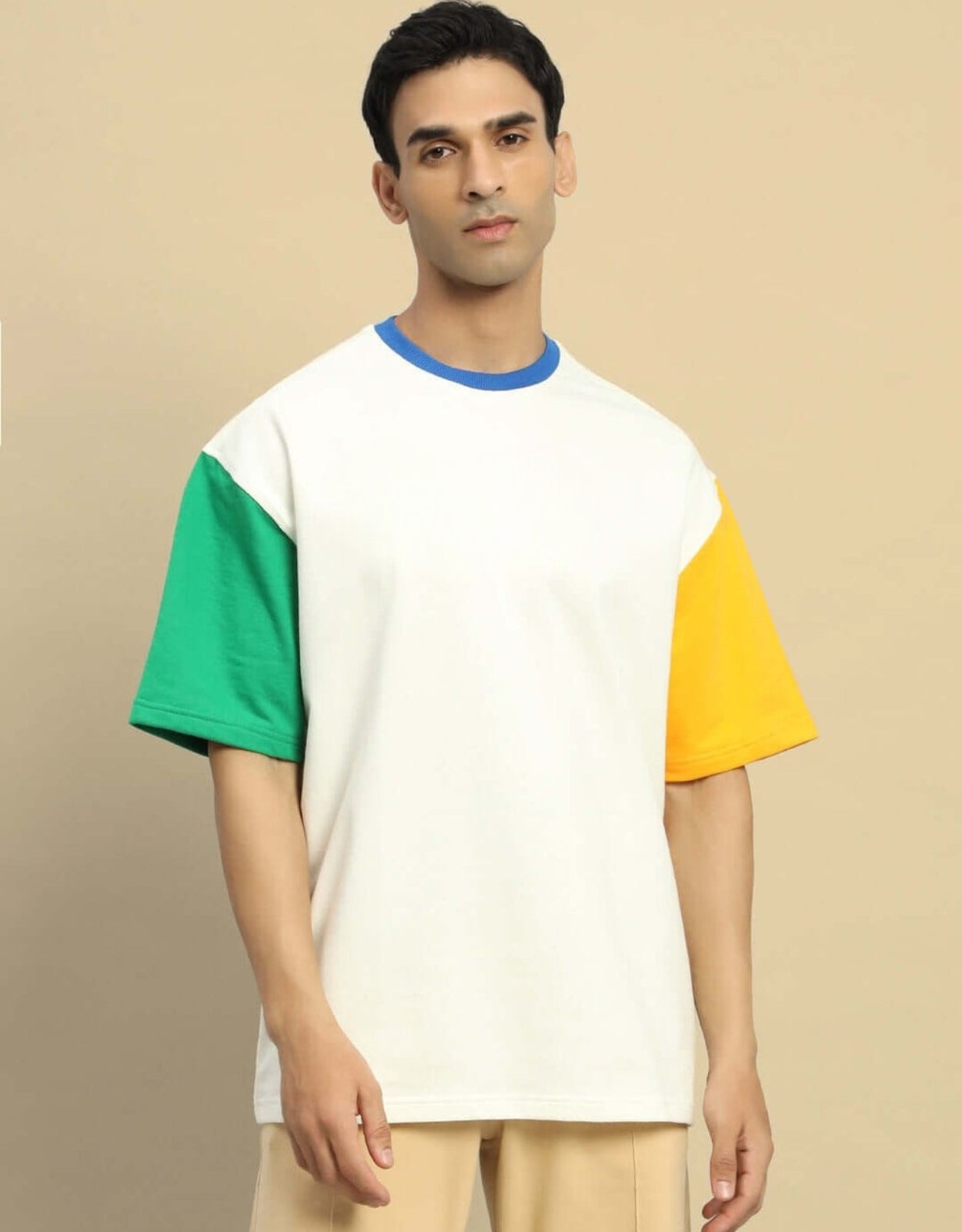 Genz-Classic Men's Off White Oversized Colour Block Sleeve Cotton T-Shirt
