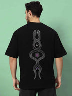 Genz-Classic Men's Black Oversized Snake Graphic Printed Cotton T-Shirt