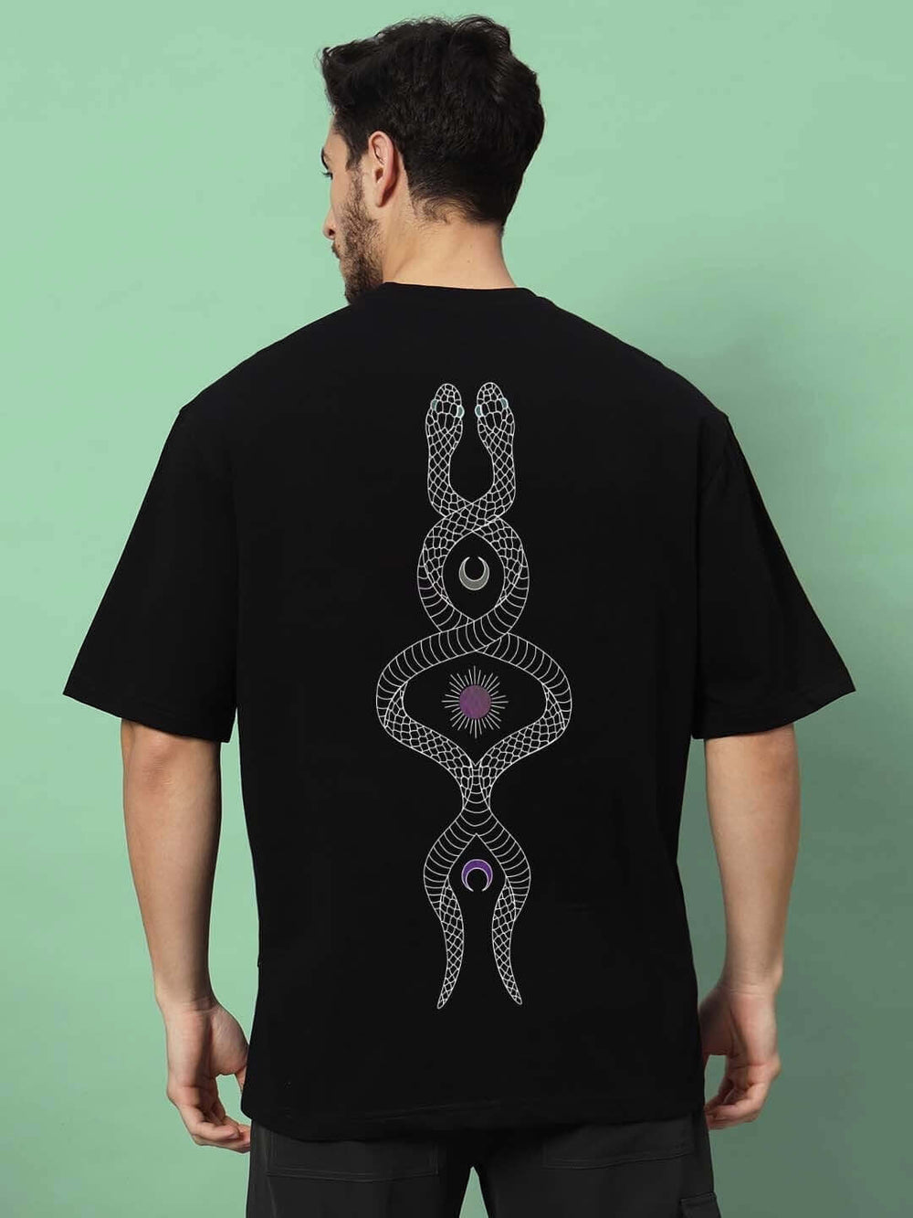 Genz-Classic Men's Black Oversized Snake Graphic Printed Cotton T-Shirt