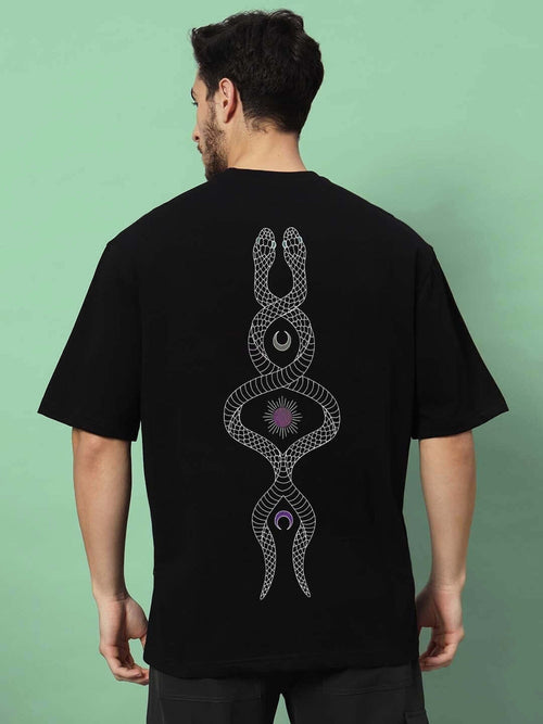 Genz-Classic Men's Black Oversized Snake Graphic Printed Cotton T-Shirt