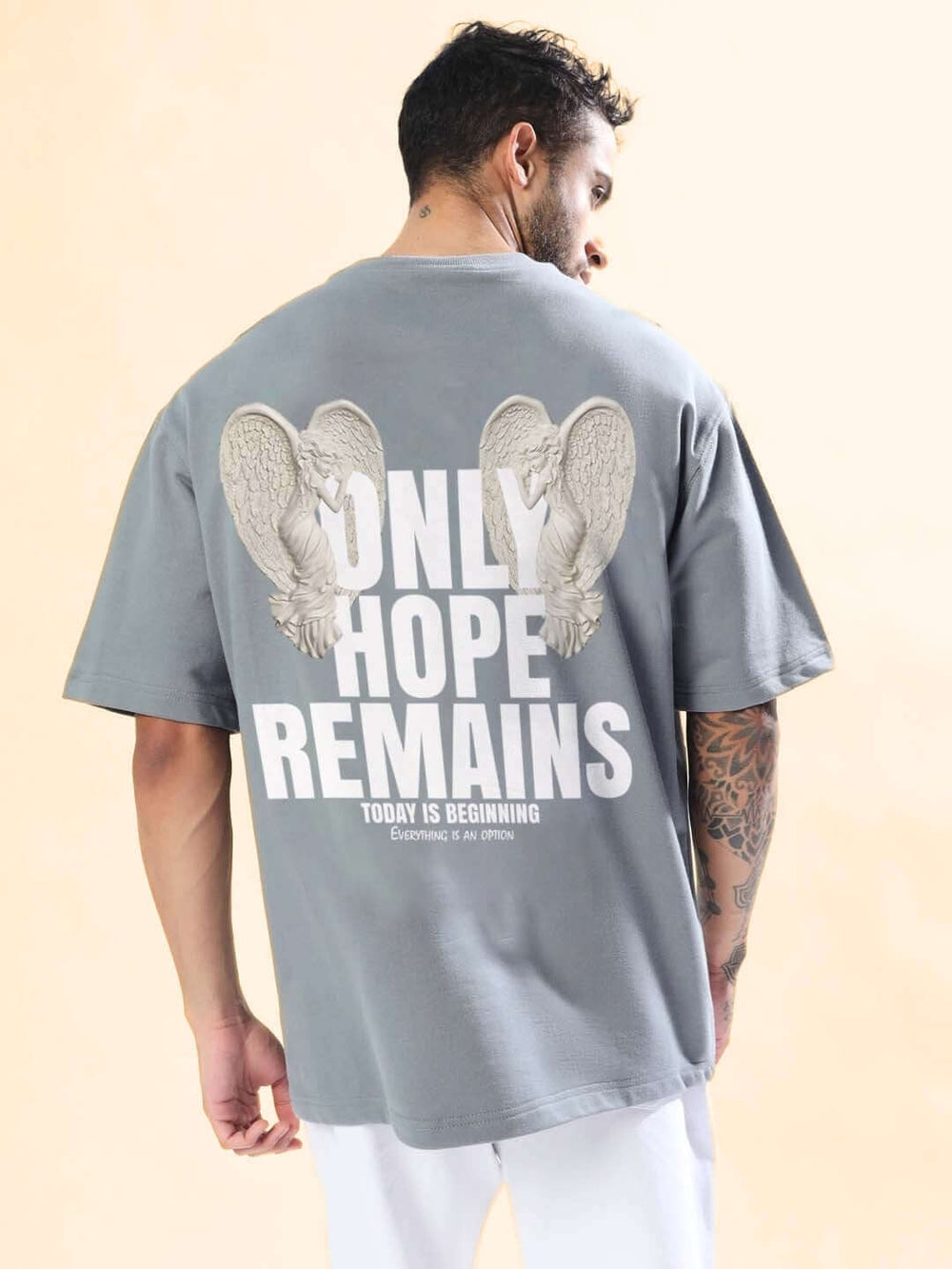 Genz-Classic Men's Grey Oversized Back Graphic Printed Cotton T-Shirt – Only Hope Remains Edition