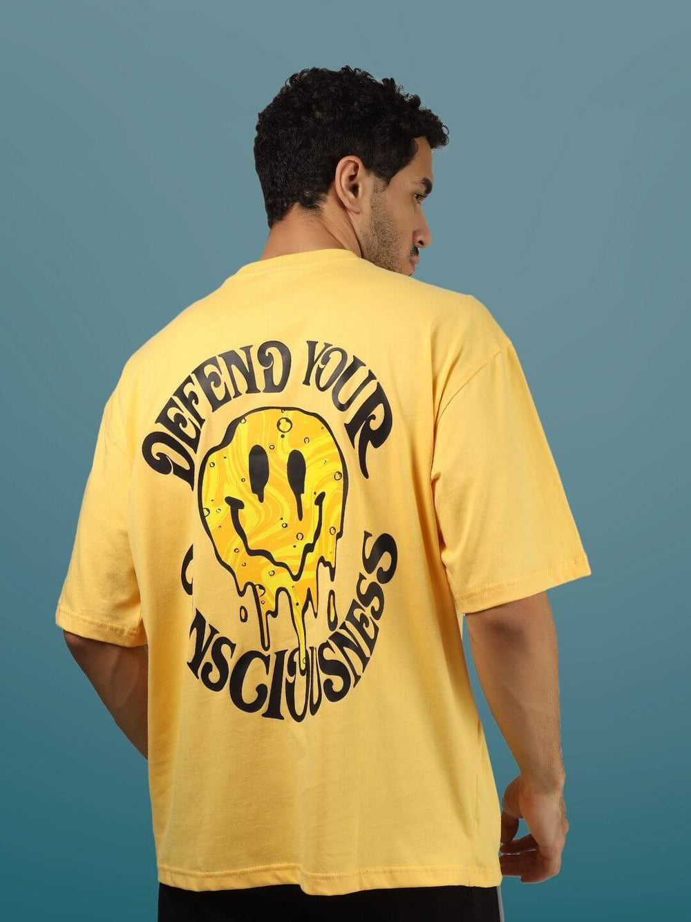 Genz-Classic Men's Yellow Oversized Defend Your Excuses Graphic Print Cotton T-Shirt