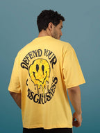 Genz-Classic Men's Yellow Oversized Defend Your Excuses Graphic Print Cotton T-Shirt