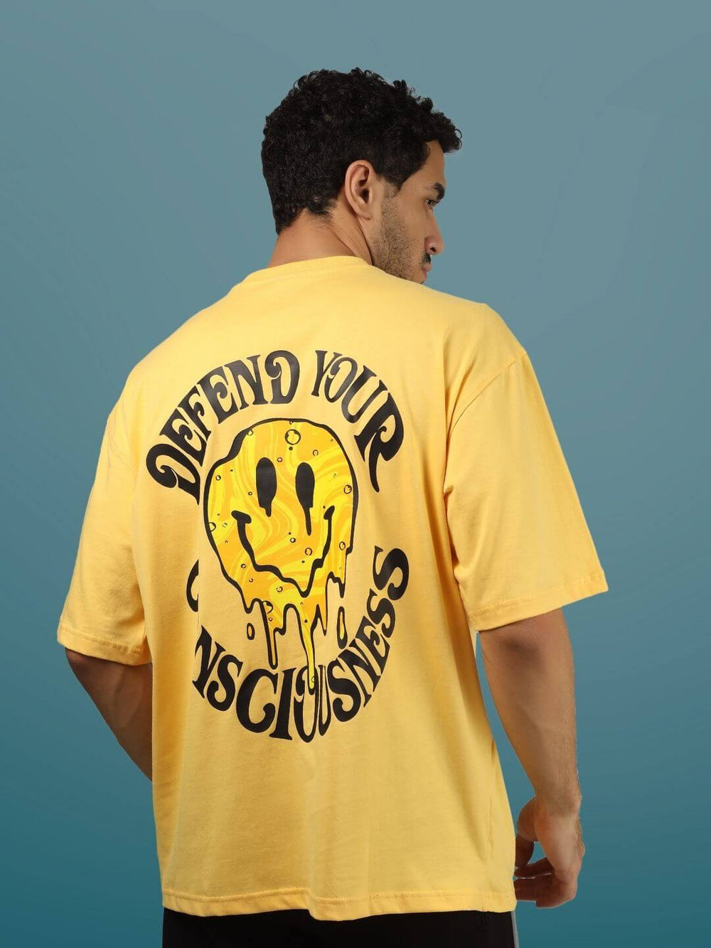 Genz-Classic Men's Yellow Oversized Defend Your Excuses Graphic Print Cotton T-Shirt
