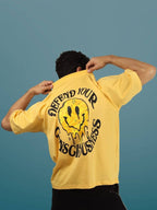 Genz-Classic Men's Yellow Oversized Defend Your Excuses Graphic Print Cotton T-Shirt
