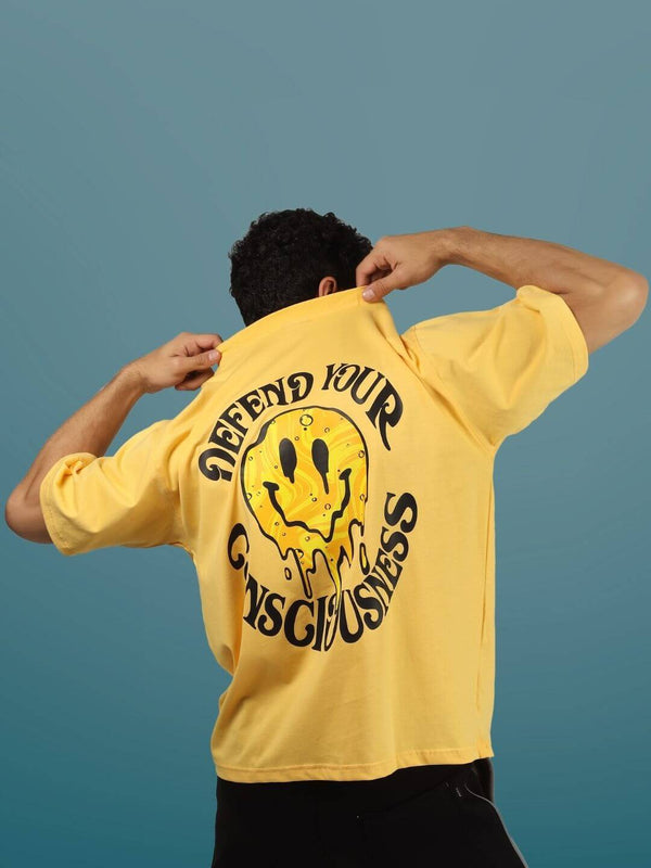 Genz-Classic Men's Yellow Oversized Defend Your Excuses Graphic Print Cotton T-Shirt