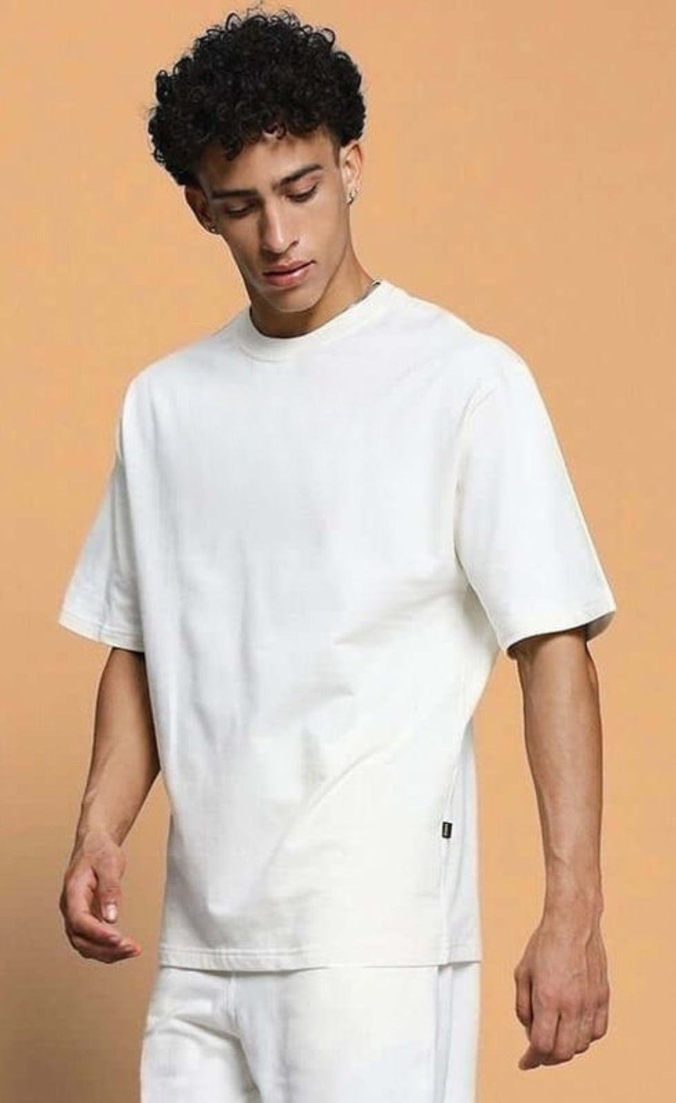 Genz-Classic Men's Off White Oversized Solid Cotton T-Shirt