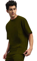 Genz-Classic Men's Olive Green Oversized Solid Cotton T-Shirt