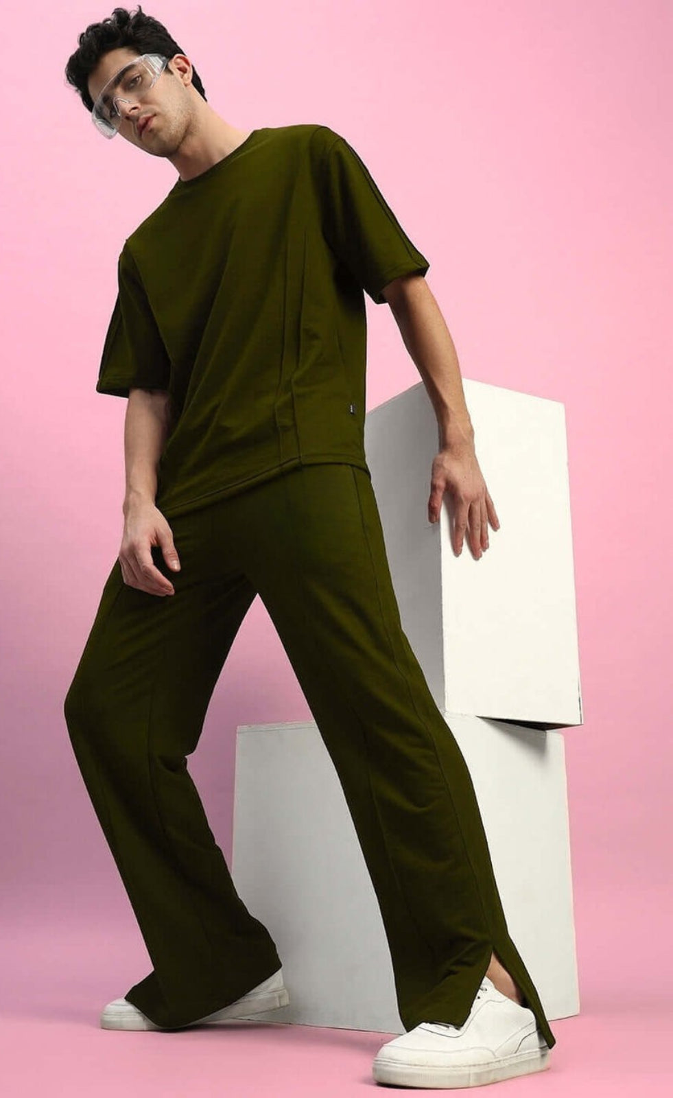 Genz-Classic Men's Olive Green Oversized Solid Cotton T-Shirt