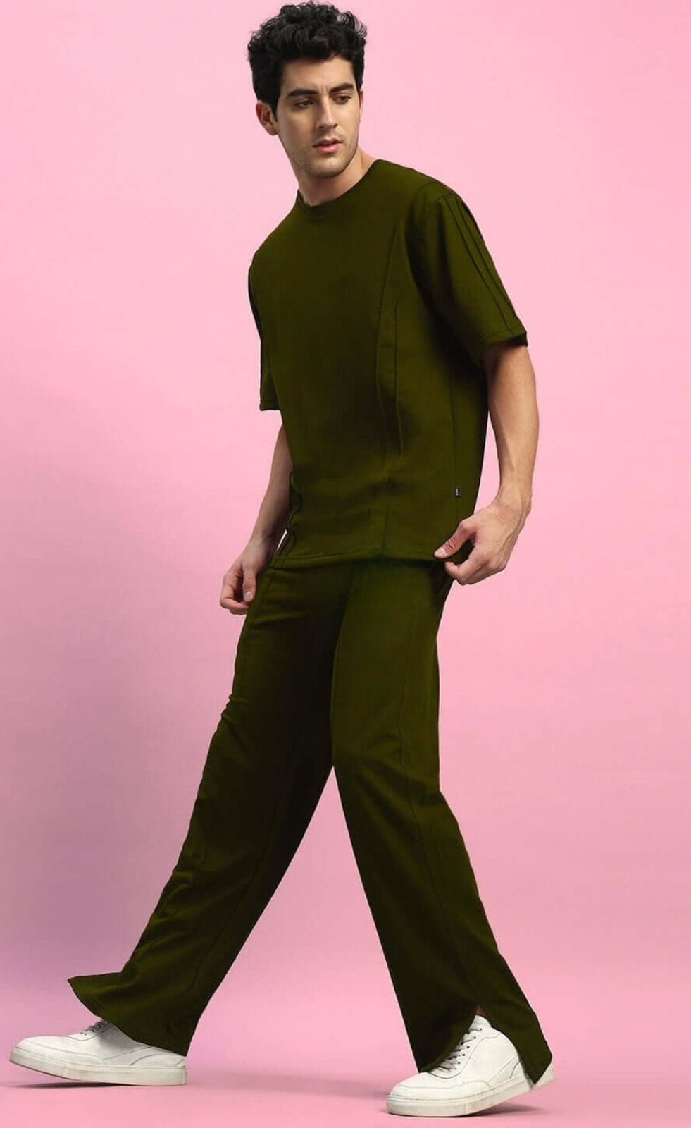 Genz-Classic Men's Olive Green Oversized Solid Cotton T-Shirt