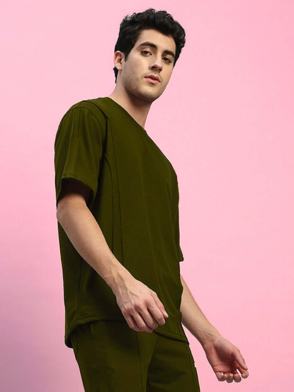 Genz-Classic Men's Olive Green Oversized Solid Cotton T-Shirt
