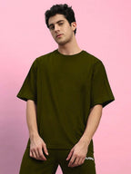 Genz-Classic Men's Olive Green Oversized Solid Cotton T-Shirt