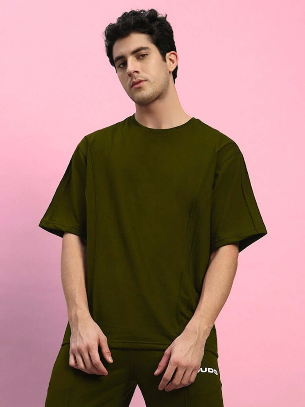 Genz-Classic Men's Olive Green Oversized Solid Cotton T-Shirt