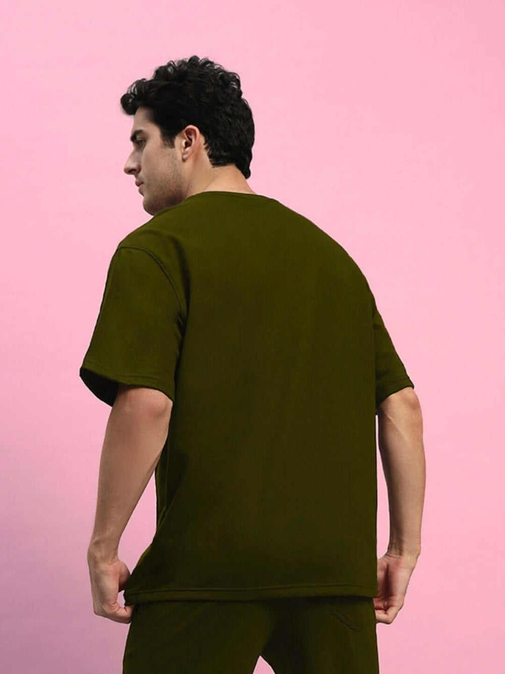 Genz-Classic Men's Olive Green Oversized Solid Cotton T-Shirt